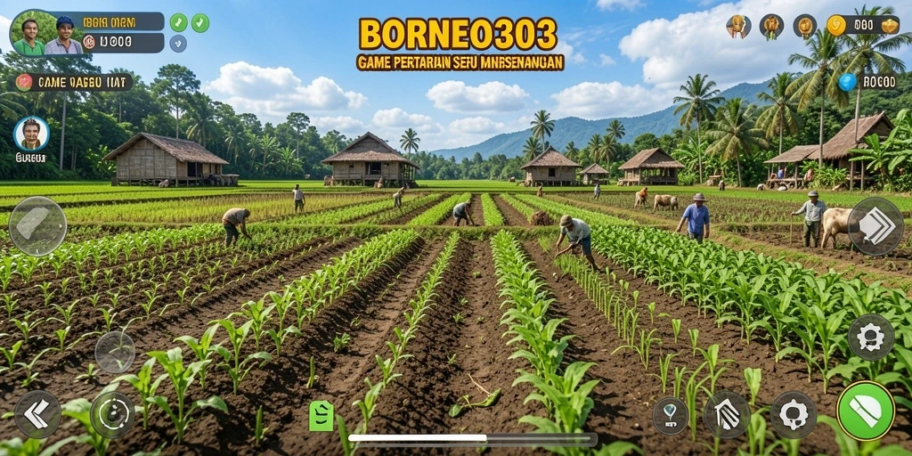 Tampilan gameplay seru di BORNEO303 dengan berbagai aktivitas pertanian.