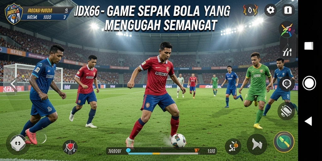 Screenshot gameplay IDX66 menampilkan aksi seru di lapangan sepak bola.