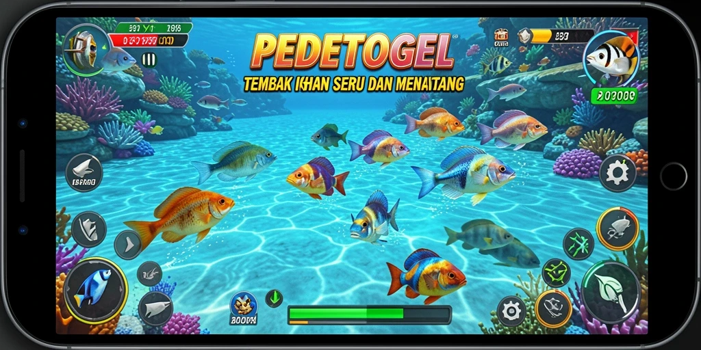 Screenshot gameplay PEDETOGEL menampilkan aksi menembak ikan yang seru.