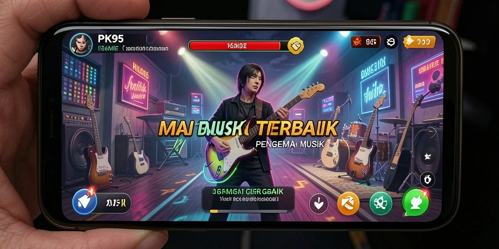 Screenshoot utama PK95 menampilkan gameplay interaktif dengan alunan musik yang seru.