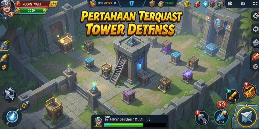 Screenshot gameplay ROBINTOGEL yang menunjukkan strategi Tower Defense.