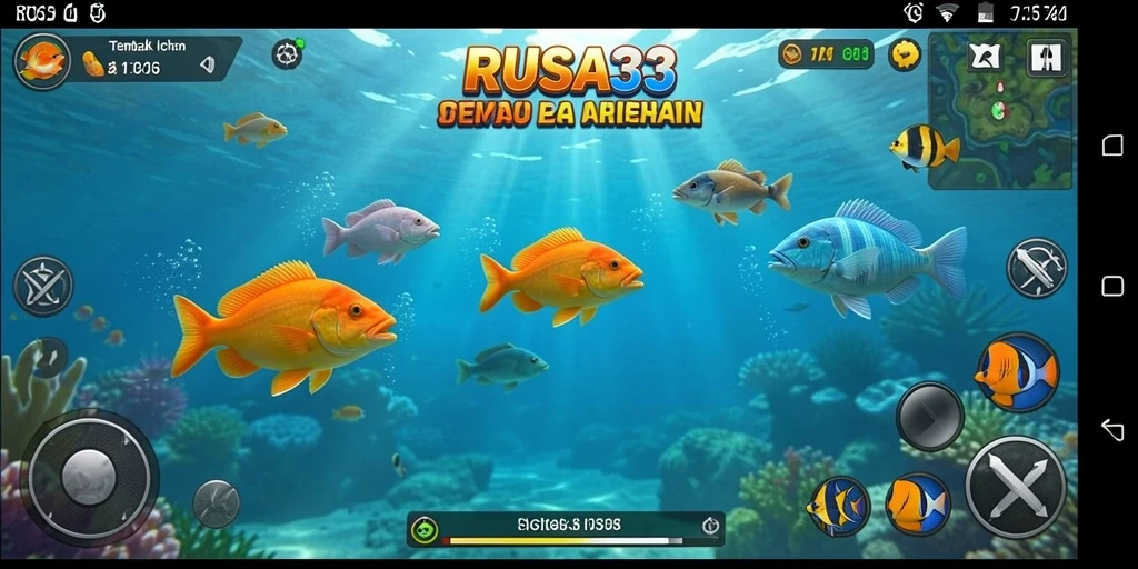Tangkapan layar gameplay RUSA33 menampilkan aksi menembak ikan yang seru.