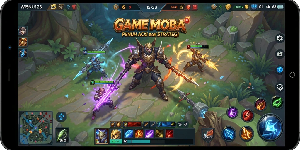 Tangkapan layar gameplay WISNU123 yang menampilkan aksi pertarungan tim MOBA.